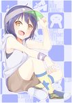  :d adjusting_headwear bad_id bad_pixiv_id bangs bare_shoulders blue_hair blush breasts brown_shorts camouflage_footwear checkered checkered_background commentary_request copyright_name eyebrows_visible_through_hair fang full_body gochuumon_wa_usagi_desu_ka? hetareeji highres hood hoodie indian_style jouga_maya looking_at_viewer open_mouth outline print_footwear short_hair short_shorts shorts sitting sleeveless sleeveless_hoodie small_breasts smile socks solo star star_print sweatband two-tone_background visor_cap white_hoodie white_outline wild_geese yellow_eyes 