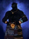  2024 abs anthro arm_tuft armlet belly_hair biceps blue_background blue_eyes body_hair chest_hair clothed clothing deltoids ear_piercing elbow_tuft facial_piercing felid gold_(metal) gold_jewelry hairy hand_on_hip hi_res jewelry lion male mammal manly movd muscular navel necklace nose_piercing nose_ring pantherine pecs piercing ring_piercing simple_background solo standing topless triceps tuft vein veiny_muscles wristband 