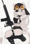 1girl animal_ears black_eyes black_footwear black_shirt black_skirt blush boots breasts cleavage cleavage_cutout clothing_cutout cropped_shirt frown furry furry_female goggles goggles_on_head grey_hair gun holding holding_gun holding_weapon looking_at_viewer medium_breasts naomi_(typh) original shirt skirt sleeveless sleeveless_shirt tail typh weapon 