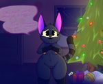  5_fingers animal_crossing black_fur cat christmas christmas_tree dialogue feline female fur gift holidays iguanasarecool inside kiki_(animal_crossing) lights mammal markings nintendo nipples pussy snow solo tears text tree video_games wide_hips window yellow_eyes 