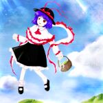  1girl ascot basket black_footwear black_hat black_skirt blue_hair blue_sky bow cloud day frilled_shawl frilled_skirt frills full_body hagoromo hat hat_bow holding holding_basket long_sleeves lowres mary_janes medinki nagae_iku official_style open_mouth outdoors red_ascot red_bow red_eyes shawl shoes short_hair skirt sky smile socks solo teeth touhou upper_teeth_only white_shawl white_socks zun_(style) 