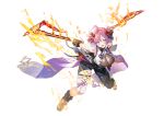  1girl absurdres ahoge asymmetrical_legwear axe blue_eyes breasts chichiri dual_wielding flaming_weapon full_body granblue_fantasy highres holding holding_axe large_breasts pink_hair shimofuri toeless_legwear two_side_up white_background 