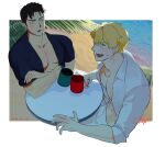  2boys ao_isami bara beach black_hair blonde_hair cookiegasweet couple facial_hair from_above highres lewis_smith looking_at_viewer male_focus multiple_boys pectoral_cleavage pectorals sideburns_stubble sitting stubble sweatdrop table thick_eyebrows toned yaoi yuuki_bakuhatsu_bang_bravern 