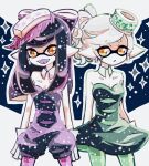  2girls breasts callie_(splatoon) cleavage collarbone cowboy_shot detached_collar dress earrings fangs gloves green_dress green_pantyhose grey_hair inkling jewelry looking_at_viewer marie_(splatoon) multiple_girls open_mouth orange_eyes pantyhose parted_lips pink_pantyhose pointy_ears sparkle splatoon_(series) splatoon_1 tentacle_hair tora_kaede white_gloves 