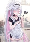  1girl apron black_choker black_dress black_hairband blue_archive blush choker closed_mouth collarbone cowboy_shot dress fingernails frilled_apron frills fukemachi grey_eyes grey_hair hair_over_one_eye hairband highres holding holding_ladle ladle long_hair plana_(blue_archive) short_sleeves solo textless_version thighhighs white_apron white_thighhighs 