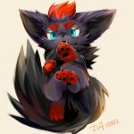  animal_focus artist_name black_fur blue_eyes claws evil_jia grey_fur looking_at_viewer lying multicolored_fur no_humans on_back open_mouth pawpads pokemon pokemon_(creature) red_fur red_hair simple_background solo white_background zorua 