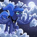  2017 animated blinking blue_hair cloud crown cute cutie_mark digital_media_(artwork) equine eyelashes eyeshadow feathered_wings feathers flapping flying friendship_is_magic hair horn makeup mammal mascara moon moonlight my_little_pony night_sky outside pixel_(artwork) princess_luna_(mlp) sky smile solo spread_wings star teal_eyes winged_unicorn wings wookylee 