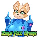  2024 acstlu anthro big_breasts bodysuit breasts canid canine cleavage clothed clothing crossgender english_text eyebrows eyelashes female fox fox_mccloud fur gesture hand_gesture hi_res huge_breasts humor looking_at_viewer mammal metroid middle_finger mtf_crossgender nintendo pun reaction_image simple_background skinsuit smile solo star_fox text tight_clothing tuft white_background zero_suit 