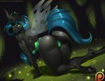  2017 all_fours anthro anthrofied breasts butt changeling doomthewolf fangs female forest friendship_is_magic grass green_eyes hair hole_(anatomy) horn insect_wings long_hair my_little_pony patreon queen_chrysalis_(mlp) solo teal_hair tree wings 