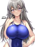 1girl ahoge blue_one-piece_swimsuit blush breasts competition_swimsuit covered_navel dated grey_eyes grey_hair highres kantai_collection large_breasts long_hair looking_at_viewer montemasa multicolored_clothes multicolored_swimsuit one-hour_drawing_challenge one-piece_swimsuit simple_background smile solo swimsuit twitter_username two-tone_swimsuit upper_body washington_(kancolle) white_background 