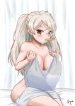  1girl akashieru breasts brown_eyes collarbone conte_di_cavour_(kancolle) food_in_mouth highres kantai_collection large_breasts long_hair mouth_hold sitting solo two_side_up very_long_hair white_hair 