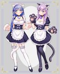  alternate_costume animal_ears apron bell bell_collar black_legwear blue_eyes blue_hair breasts cat_ears cat_paws cat_tail cleavage collar embarrassed enmaided f6 frilled_legwear full_body garter_straps genderswap genderswap_(mtf) gloves grey_background high_heels large_breasts low_ponytail maid maid_apron matsuno_ichimatsu matsuno_karamatsu mery_(apfl0515) multiple_girls osomatsu-kun osomatsu-san paw_gloves paws purple_hair siblings simple_background sisters standing tail tareme tsurime 