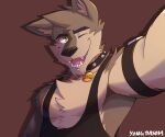  2023 anthro bongo_(yongdasom) canid canine canis chin_piercing collar countershade_face countershade_torso countershading green_eyes hi_res male mammal mexican_wolf muscle_shirt one_eye_closed selfie signature solo wink wolf yongdasom 