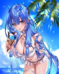  1girl :p arm_behind_back artist_name bare_shoulders bikini blue_eyes blue_hair blue_horns blue_sky breasts cleavage commentary cowboy_shot criss-cross_straps english_commentary facial_mark flower food hair_between_eyes hair_flower hair_ornament heart heart_facial_mark highres holding holding_ice_cream_cone horns ice_cream ice_cream_cone jewelry large_breasts leaning_forward light_blush long_hair looking_at_viewer navel necklace original outdoors palm_tree ringeko-chan see-through see-through_sleeves skindentation sky small_horns solo standing stomach swimsuit thigh_strap tongue tongue_out tree very_long_hair white_bikini white_sleeves 