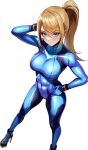  1girl abs arm_up blonde_hair blue_bodysuit blue_eyes bodysuit breasts closed_mouth expressionless foot_out_of_frame from_above hand_on_own_hip high_heels high_ponytail highres large_breasts long_hair looking_at_viewer metroid ponytail samus_aran simple_background skin_tight solo volyz white_background zero_suit 