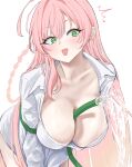  1girl :d bent_over between_breasts blue_archive breasts collarbone green_eyes hanako_(blue_archive) hanako_(swimsuit)_(blue_archive) highres hose long_hair open_mouth pink_hair shirt simple_background simulated_paizuri smile solo very_long_hair water white_background white_shirt yatsuka_mirin 