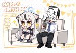  1boy 1girl animal_ears black_dress black_footwear black_hair black_pants black_socks blue_archive blue_halo blue_necktie blush character_name coffee collared_shirt dated doodle_sensei_(blue_archive) dress drink drinking drinking_straw grey_hair halo happy_birthday highres holding holding_drink kokona_(blue_archive) long_hair long_sleeves mono_(mono_mon) multicolored_hair necktie pants sensei_(blue_archive) shirt shoes short_hair sitting sleeveless sleeveless_dress socks streaked_hair striped_clothes striped_dress tiger_ears vertical-striped_clothes vertical-striped_dress white_shirt yellow_eyes 