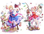  2girls absurdres alice_margatroid ascot birdcage blonde_hair blue_eyes book boots cage card crystal_wings dress flandre_scarlet flower frilled_dress frills full_body gyaza highres laevatein_(touhou) multiple_girls open_mouth playing_card rabbit red_eyes red_ribbon ribbon simple_background skull standing sunflower tachi-e touhou white_background yellow_ascot 