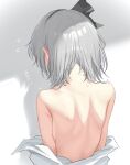 1girl absurdres back bare_back bare_shoulders black_hairband black_ribbon clothes_down commentary_request facing_away flying_sweatdrops from_behind grey_background grey_hair hair_ribbon hairband highres konpaku_youmu nape ribbon shadow shirt short_hair sketch solo sweat touhou translation_request twitching upper_body white_background white_shirt youmu-kun 