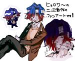  1boy ass_prg bags_under_eyes bandage_on_face bandaged_head bandages bandaid bandaid_on_face black_nails blood blood_on_face blue_hair caster_(fate/samurai_remnant) chibi chibi_inset choker collared_shirt eyeshadow fate/samurai_remnant fate_(series) hair_over_one_eye highres jacket looking_at_viewer makeup male_focus mask multicolored_hair pants red_hair school_uniform shirt short_hair simple_background solo vest wet white_background yellow_eyes 