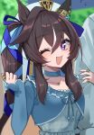  1girl :3 :d animal_ears blue_choker blue_dress blue_ribbon blurry blurry_background breasts bright_pupils brown_hair choker clenched_hand collarbone dress ear_ornament eyelashes flying_sweatdrops frilled_dress frills hair_between_eyes hair_ribbon hand_on_another&#039;s_arm hands_up hat heart_pendant highres horse_ears jewelry karamomo_(krmmap) layered_dress light_blush locked_arms long_hair long_sleeves looking_at_viewer mole mole_under_eye multicolored_hair multiple_rings necklace one_eye_closed open_mouth plaid purple_eyes ribbon ring shirt sidelocks sleeves_past_wrists small_breasts smile solo solo_focus streaked_hair twintails umamusume upper_body vivlos_(umamusume) white_shirt 