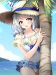  1girl animal_ears blush breasts cleavage collarbone commentary_request grey_hair hair_ornament hat highres hishi_miracle_(umamusume) horse_ears horse_girl kumakotoy looking_at_viewer medium_breasts medium_hair ocean open_mouth palm_tree sky solo straw_hat swimsuit tree umamusume 