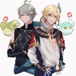  2boys alhaitham_(genshin_impact) aranara_(genshin_impact) black_shirt blonde_hair closed_mouth crossed_arms earrings feather_hair_ornament feathers genshin_impact gloves grey_eyes grey_hair hair_between_eyes hair_ornament hair_over_one_eye jewelry kaveh_(genshin_impact) long_sleeves looking_at_viewer male_focus multicolored_hair multiple_boys open_mouth otakunocamp red_eyes shirt short_hair slime_(genshin_impact) white_background white_shirt 