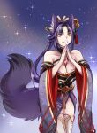  1girl absurdres animal_ear_fluff animal_ears artist_name awful_queen_(vtuber) breasts fox_ears fox_girl fox_tail heterochromia highres indie_virtual_youtuber large_breasts mole mole_under_eye monster_girl own_hands_together purple_hair purple_tail solo star_(sky) tail vinnie virtual_youtuber 