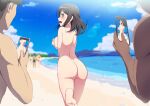  1girl 2boys ass bang_dream! barefoot beard black_hair blue_sky blush breasts cellphone cloud commentary_request commission completely_nude covering_breasts covering_privates day embarrassed facial_hair grey_eyes hair_between_eyes highres holding holding_phone lens_flare looking_at_viewer medium_breasts medium_hair multiple_boys nude ocean okusawa_misaki open_mouth outdoors phone pixiv_commission public_indecency public_nudity sakamata_(sakamata4) sidelocks sky smartphone standing standing_on_one_leg taking_picture 