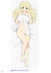  bangs bare_arms bare_legs bare_shoulders barefoot bed_sheet blonde_hair blunt_bangs blush breasts convenient_leg covered_nipples dakimakura from_above full_body green_eyes groin hair_ornament hairclip hands_on_own_chest highres knee_up large_breasts long_hair looking_at_viewer looking_up lying naked_towel navel official_art on_back open_mouth parted_lips scan senran_kagura senran_kagura_peach_beach_splash shiny shiny_skin simple_background solo tareme towel translation_request white_towel yaegashi_nan yomi_(senran_kagura) 