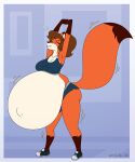  2024 anthro ashley_(satsumalord) belly big_belly bodily_fluids bottomwear breasts brown_hair canid canine clothing copyright_symbol digital_media_(artwork) eyes_closed female footwear fox fur hair hi_res huge_belly mammal multicolored_body multicolored_fur navel outie_navel pregnant red_fox satsumalord shoes shorts sneakers solo stretching sweat symbol topwear true_fox two_tone_body two_tone_fur 