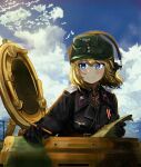  absurdres battle black_gloves blonde_hair blue_eyes blue_sky closed_mouth cloud cloudy_sky cold_ice_(artist) cross germany gloves hat headphones highres historical_event holding holding_map holding_pencil iron_cross jacket looking_to_the_side map military military_hat military_uniform military_vehicle motor_vehicle nazi original pencil reichsadler sky soldier tank tiger_i totenkopf uniform war wehrmacht world_war_ii 