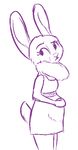  2016 anthro belly big_belly clothed clothing dewlap disney female hand_on_stomach judy_hopps lagomorph mammal monochrome pregnant purple_and_white rabbit raised_eyebrow simple_background solo standing tggeko white_background zootopia 
