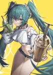  1girl absurdres black_collar blue_eyes blue_hair blue_nails blue_shorts bra_strap breasts collar cowboy_shot cup detached_sleeves disposable_cup drink drinking_straw hatsune_miku highres holding holding_drink long_hair medium_breasts mo_ying_yu nail_polish shirt short_shorts shorts smile solo twintails underboob very_long_hair vocaloid white_shirt 