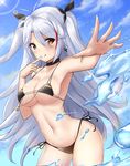  :q absurdres armpits azur_lane bikini black_bikini black_ribbon blue_sky breasts choker cleavage cloud collarbone cowboy_shot day earrings eyebrows_visible_through_hair finger_to_mouth floating_hair groin hair_between_eyes hair_ribbon highres index_finger_raised jewelry large_breasts lens_flare long_hair looking_at_viewer navel nyanyang orange_eyes outdoors outstretched_arm prinz_eugen_(azur_lane) ribbon side-tie_bikini sideboob silver_hair sky solo sparkle standing swimsuit tongue tongue_out twintails underboob very_long_hair wading water 
