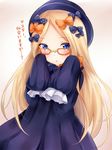  :o abigail_williams_(fate/grand_order) bangs bespectacled black_bow black_dress black_hat blonde_hair blue_eyes blush bow commentary dress eyebrows_visible_through_hair fate/grand_order fate_(series) forehead glasses hair_bow hat long_hair long_sleeves looking_at_viewer nikoo orange-framed_eyewear orange_bow parted_bangs parted_lips polka_dot polka_dot_bow sleeves_past_fingers sleeves_past_wrists solo translated very_long_hair 
