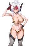  1girl alternate_costume bare_shoulders bikini black_gloves blush breasts chisato_heathaze choker cleavage commentary_request cosmic_break cowboy_shot gloves gold_bikini grin groin hand_on_own_hip hand_up headgear headset highres large_breasts looking_at_viewer micro_bikini multi-strapped_bikini_top multicolored_hair navel o-ring o-ring_bikini one-piece_tan red_gloves red_hair shiny_swimsuit shitagani short_hair side-tie_bikini_bottom simple_background skindentation smile solo standing stomach streaked_hair string_bikini swimsuit tan tanlines thighhighs two-tone_gloves two-tone_hair white_background white_hair yellow_eyes 