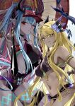  2girls armlet bare_shoulders bikini black_bikini black_one-piece_swimsuit blonde_hair blue_hair body_markings breasts cleavage colored_skin dark-skinned_female dark_skin dragon_girl dragon_horns dragon_tail facial_mark fate/grand_order fate_(series) grey_skin hat highleg highleg_swimsuit highres horns ibuki_douji_(fate) ibuki_douji_(swimsuit_berserker)_(fate) ibuki_douji_(swimsuit_berserker)_(first_ascension)_(fate) kino_kokko large_breasts licking_lips lip_piercing long_hair looking_at_viewer multicolored_hair multiple_girls navel oil-paper_umbrella one-piece_swimsuit one_eye_closed oni open_mouth piercing pink_hair pink_hat pink_one-piece_swimsuit pointy_ears ponytail red_eyes sidelocks smile swept_bangs swimsuit tail thigh_strap thighs tongue tongue_out two-tone_swimsuit umbrella visor_cap vritra_(fate) vritra_(ocean_flyer)_(fate) yellow_eyes 