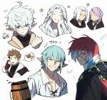  2girls 5boys ? ^_^ alisaie_leveilleur alphinaud_leveilleur anger_vein ardbert_hylfyst black_robe blue_eyes blue_hair clenched_hand closed_eyes cropped_torso crystal_exarch cup earrings elezen elf emet-selch facial_mark facing_viewer final_fantasy final_fantasy_xiv flying_sweatdrops frown g&#039;raha_tia grin hair_over_one_eye hand_on_own_cheek hand_on_own_face haurchefant_greystone highres holding holding_cup hythlodaeus jewelry long_hair looking_at_viewer multicolored_hair multiple_boys multiple_girls one_eye_covered pointy_ears purple_hair red_eyes red_hair robe scratching_cheek shirt short_hair simple_background single_earring slit_pupils smile spoken_question_mark squiggle tankard tearing_up two-tone_hair upper_body venat_(ff14) white_background white_hair white_shirt yooonggun 