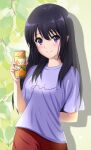  1girl absurdres arm_behind_back black_hair breasts can closed_mouth hibike!_euphonium highres holding holding_can juice kousaka_reina long_hair looking_at_viewer medium_breasts orange_juice pants purple_eyes purple_shirt red_pants rozario_0112 shirt smile solo sparkle t-shirt upper_body 