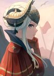  1girl breasts cape commentary_request edelgard_von_hresvelg fire_emblem fire_emblem:_three_houses from_side gloves hand_on_own_chin helmet highres horns labebebe_lee large_breasts long_hair looking_at_viewer outdoors profile purple_eyes sidelocks sky solo upper_body white_hair 