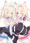  2girls ;d absurdres animal_ear_fluff animal_ears bare_shoulders belt belt_buckle black_jacket blonde_hair blue_eyes blue_hair blue_hairband breasts buckle cleavage commentary dog_ears dog_girl dog_tail fake_horns fang fangs frilled_shorts frills fuwawa_abyssgard fuwawa_abyssgard_(1st_costume) hair_ornament hairband hairclip headphones headphones_around_neck heart heart_hands heart_hands_duo highres hololive hololive_english horns jacket long_sleeves medium_breasts mococo_abyssgard mococo_abyssgard_(1st_costume) multicolored_hair multiple_girls off_shoulder one_eye_closed open_clothes open_fly open_jacket open_shorts p19 pink_belt pink_eyes pink_hair pink_hairband puffy_long_sleeves puffy_sleeves short_shorts shorts siblings simple_background sisters sleeves_past_wrists smile tail twins two-tone_hair two_side_up virtual_youtuber white_background white_shorts wide_sleeves x_hair_ornament 