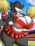 anthro big_breasts biped bottomwear breasts canid canine cheerleader cleavage clothed clothing female hair hi_res huge_breasts looking_at_viewer lunis1992 mammal open_mouth pom_poms pupils skirt smile solo thick_thighs 