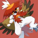  bird colored_sclera foot_out_of_frame highres hisuian_decidueye maaji_(pixvi9868527) no_humans pokemon red_background red_eyes simple_background yellow_sclera 