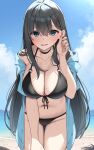  1girl absurdres bare_shoulders beach bikini black_hair blue_eyes blush breasts choker cleavage collarbone highres jacket large_breasts long_hair looking_at_viewer navel off_shoulder open_mouth original solo suiroh_(shideoukami) swimsuit thighs 