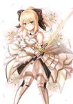  ahoge armor artoria_pendragon_(all) black_bow blonde_hair blush bow breasts closed_mouth eyebrows_visible_through_hair fate/grand_order fate_(series) green_eyes hair_bow highres holding holding_sword holding_weapon looking_at_viewer medium_breasts saber saber_lily seungju_lee short_hair short_ponytail smile solo sword weapon 