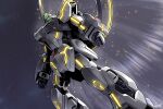  absurdres arms_at_sides artist_name clenched_hands cosmo-5 dutch_angle feet_out_of_frame flying from_below glowing glowing_eye green_eyes gundam gundam_seed gundam_seed_c.e._73:_stargazer gundam_stargazer highres light_particles mecha mecha_focus mobile_suit no_humans robot science_fiction signature solo v-fin 