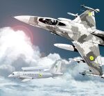  1boy aim-9_sidewinder aircraft airplane awacs blue_sky cloud cloudy_sky commentary english_commentary f-16_fighting_falcon fighter_jet highres jet matsuda_juukou military_vehicle original roundel russo-ukrainian_war saab_340 sky solo tryzub 