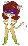  accessory anthro brown_hair clothing curvy_figure domestic_cat ears_up featureless_chest featureless_crotch felid felina_meow_(bubble_guppies) feline felis female flat_chested footwear freeguyfan776 hair hair_accessory hands_on_hips hi_res mammal mask solo tail wide_hips 