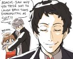  2boys absurdres adachi_tooru black_jacket brown_eyes brown_hair closed_eyes crying doujima_nanako dress english_text gimmie20dollas grey_shirt highres ishowspeed jacket long_sleeves meme multiple_boys narukami_yuu open_mouth parody parted_lips persona persona_4 petting red_dress shirt simple_background smile speech_bubble twintails upper_body white_background 